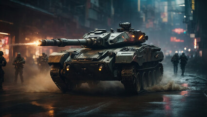 A gripping scene unfolds in a cyberpunk dystopia, as an armored tank charges forward during an intense invasion, creating an engaging wide poster scene. - obrazy, fototapety, plakaty