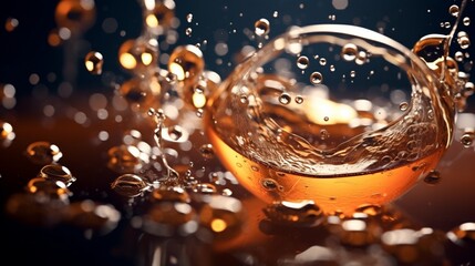 A macro shot of bubbles forming on the surface of tea as it's being poured into a cup.