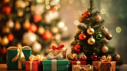 Decorate the Christmas backdrop with gift boxes and colorful balls with a pine tree background with blurred lighting or bokeh.