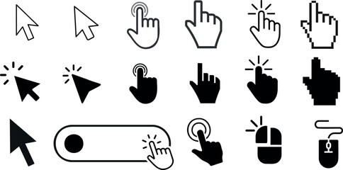 cursor icon vector illustration showcasing a collection of black and white cursor icons. Perfect for web design, graphic design, and user interface design.