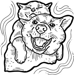 Funny lovely home animals happy playing together. For pet shop or kids room, logo design, party invitation, postcard for friend. Hand drawn illustration. Cartoon style character vector drawing.