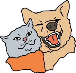 Funny lovely home animals happy playing together. For pet shop or kids room, logo design, party invitation, postcard for friend. Hand drawn illustration. Cartoon style character vector drawing.