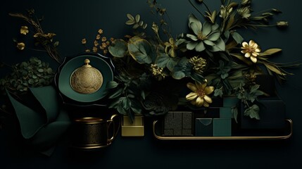 Luxury designer interior in dark green color tones. Exclusive design of a room in  dark green color. Interior of a living room with luxury expensive artificial flowers on the wall with golden decor.