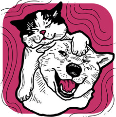 Funny lovely home animals happy playing together. For pet shop or kids room, logo design, party invitation, postcard for friend. Hand drawn illustration. Cartoon style character vector drawing.