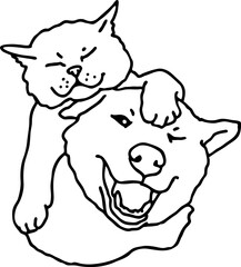 Funny lovely home animals happy playing together. For pet shop or kids room, logo design, party invitation, postcard for friend. Hand drawn illustration. Cartoon style character vector drawing.