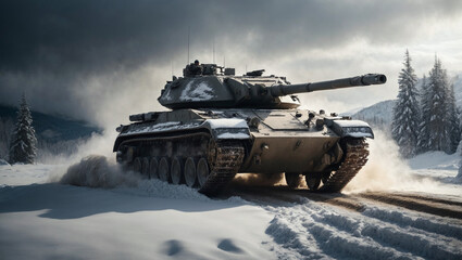 In a snowy wilderness, an imposing armored tank charges forward in a war invasion, forming a dramatic scene with wide poster potential.