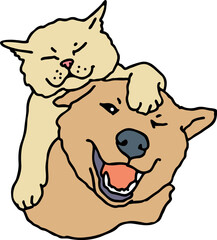 Funny lovely home animals happy playing together. For pet shop or kids room, logo design, party invitation, postcard for friend. Hand drawn illustration. Cartoon style character vector drawing.