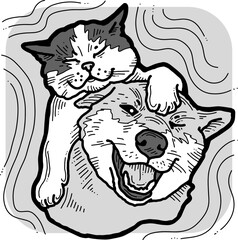 Funny lovely home animals happy playing together. For pet shop or kids room, logo design, party invitation, postcard for friend. Hand drawn illustration. Cartoon style character vector drawing.