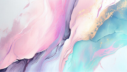Fototapeta premium Abstract Watercolor Background in pastel colors. Pink, Violet, Blue splash Color Waves with Gold Veins. Abstract luxury watercolour backdrop