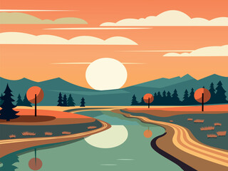 sunset nature landscape illustration manually created