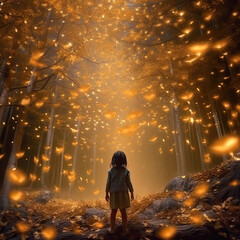 Mystical foggy gold forest with brick road, a little elf girl and fireflies light background. Magic gold colored fairytale woodland, in the night forest. Fairy tale concept - obrazy, fototapety, plakaty