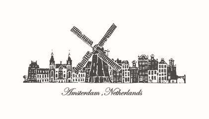 Vector Graphics with City name and Sketches ,Amsterdam, Netherlands