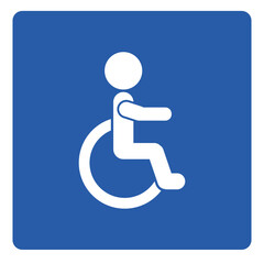 Isolated blue square sign of disable, ill, old, handicap person with pictogram man on a wheelchair, for parking area, access building, transport icon