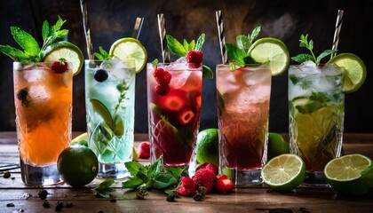 Cocktails drinks, Classic long glasses or mocktail highballs, with berries, lime, herbs and ice