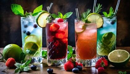 Cocktails drinks, Classic long glasses or mocktail highballs, with berries, lime, herbs and ice - obrazy, fototapety, plakaty