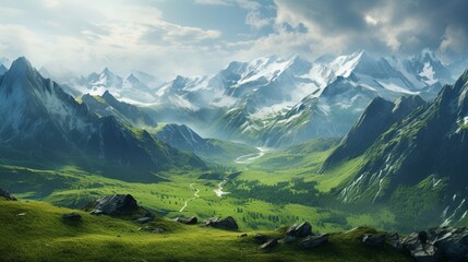A panoramic view of a mountain range with valleys turning green, as snow gives way to spring. - obrazy, fototapety, plakaty