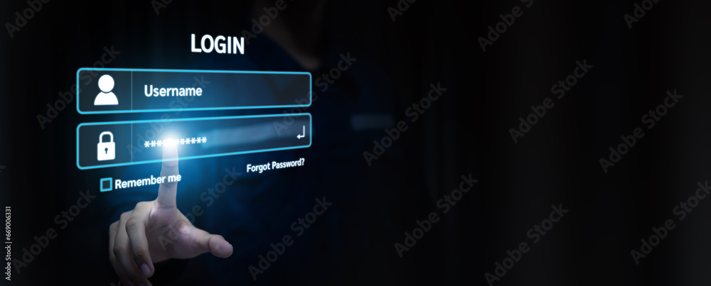 Wall mural hand touch login username and password icon for safety internet security access or user sign registr