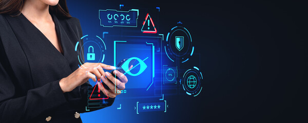 Woman finger touch smartphone, sensitive content hologram with crossed eye