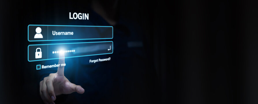 Hand touch login username and password icon for safety internet security access or user sign registration menu for social media member verification account or submit register concepts.