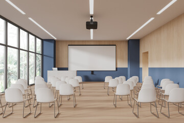 Blue and wooden lecture hall interior with projection screen - obrazy, fototapety, plakaty