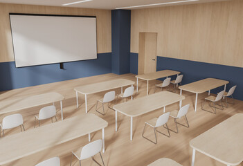 Top view of school interior with table in row and mock up projection screen