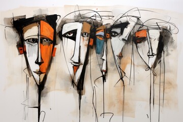 Abstract faces with dark scribbles, portrayal of multiple emotions and inner conflict