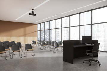 Panoramic beige and wooden lecture hall corner
