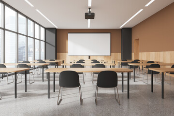 Beige and gray classroom interior with projection screen