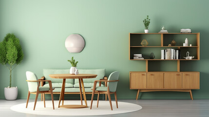 Mint color chairs at round wooden dining table. Green kitchen and minimalist interior. generative ai