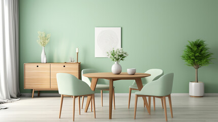 Mint color chairs at round wooden dining table. Green kitchen and minimalist interior. generative ai - obrazy, fototapety, plakaty