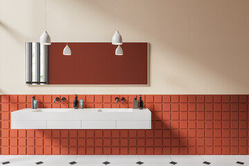 Beige and orange hotel bathroom interior with double sink and panoramic window