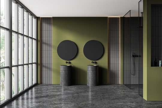Green and gray bathroom interior with double sink and shower