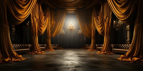 Empty 3d room background illustration - Theater stage with velvet curtains