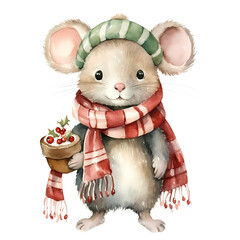 Watercolor Christmas Mouse  transparent background