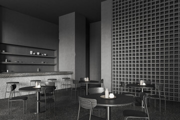 Grey cafeteria interior with bar counter and dining space with furniture in row