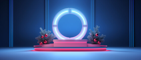 3D-rendered neon ring futuristic Christmas ornament, Blank space, Generative ai
