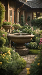 Fototapeta na wymiar A charming cottage garden features a rustic water feature, enhancing its allure for rustic garden landscape design concepts.