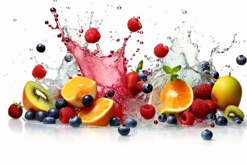 Water splash with fruits and berries isolated on white background. Fresh summer food