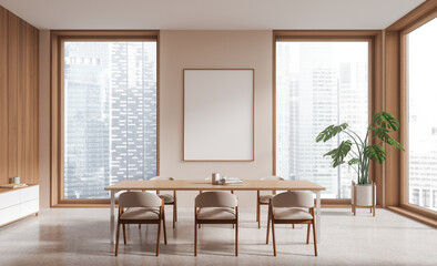 Beige and wooden dining room with poster