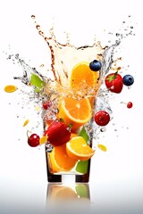 Colorful juice splashing out of glass, isolated.  Fruit splashing into a glass of water.