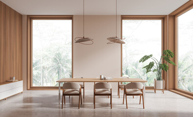Wooden living room interior with table and chairs, drawer and panoramic window