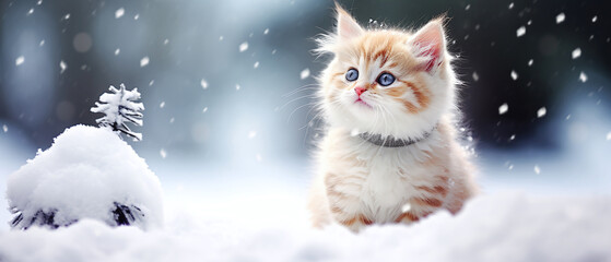 A portrait of cute cat playing in the snow, Photography, blur background, Generative ai