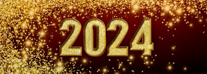 2024 new year on golden and shiny glitter on red background