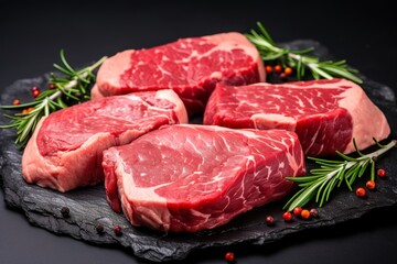 isolated variety of fresh black angus prime raw beef 