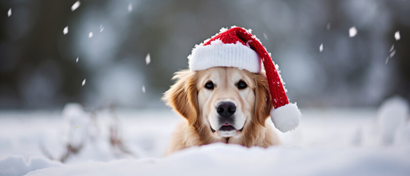 A portrait of cute dog playing in the snow wearing christmas hat, Photography, blur background, Generative ai