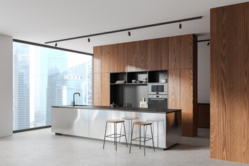 Modern home kitchen interior with bar counter and shelves with kitchenware
