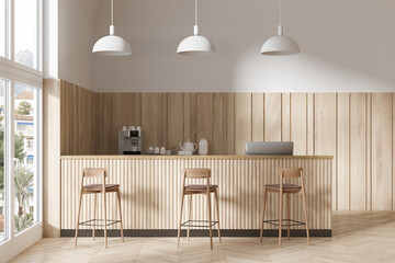 White and wooden coffee shop interior with bar