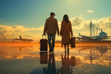 Foto op Canvas Double exposure of couple with suitcase and aircraft © Алина Бузунова