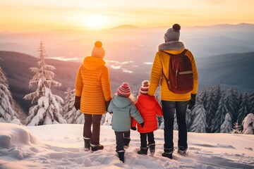 family walking in the woods in mountains in wintertime