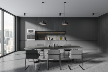 Grey home kitchen interior with dining table and cabinet, panoramic window